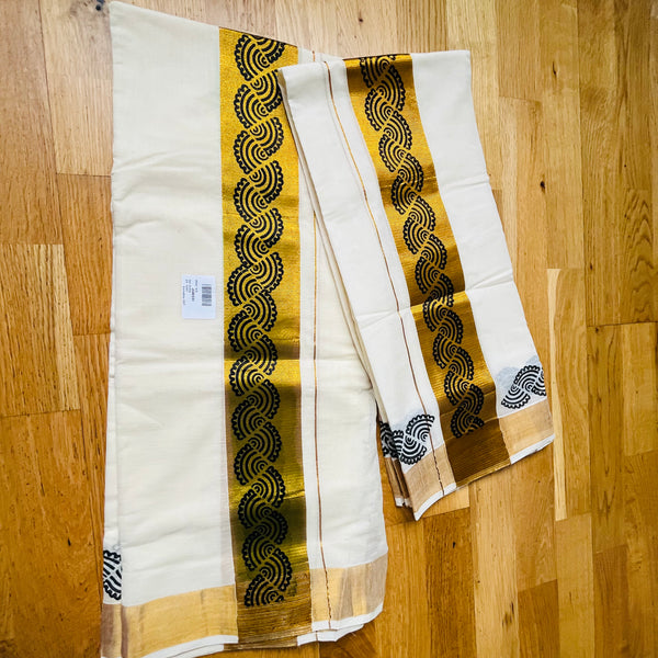 Cotton Set Mundu : Golden Border with Block print
