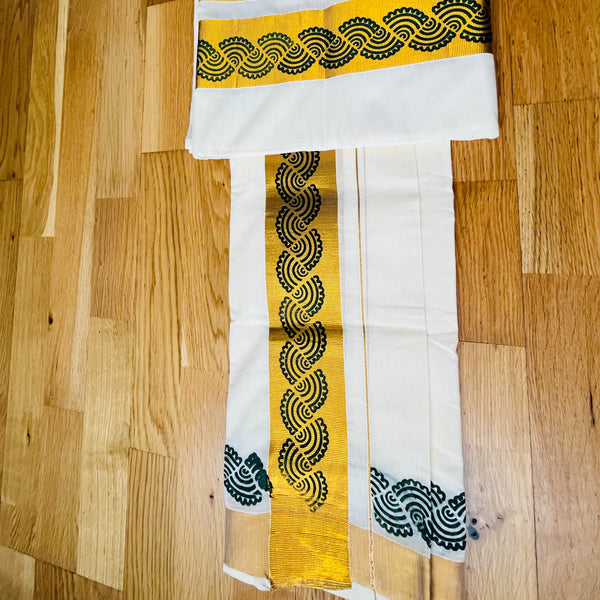 Cotton Set Mundu : Golden Border with Block print