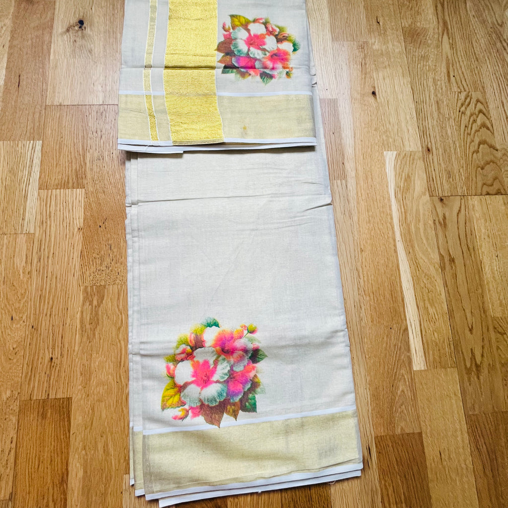 Kerala Set Saree with Flower Design and Golden Border