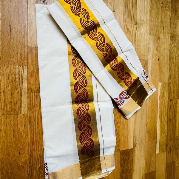 Cotton Set Mundu : Golden Border with Block print