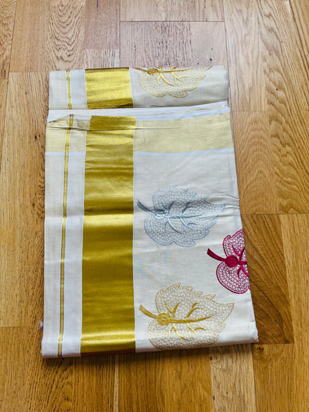 Kerala Set Saree with Embroidery leaf pattern and Golden Zari Border.