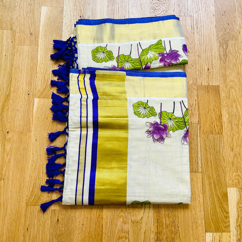 Kerala Set Saree with purple lotus print and Golden Zari border