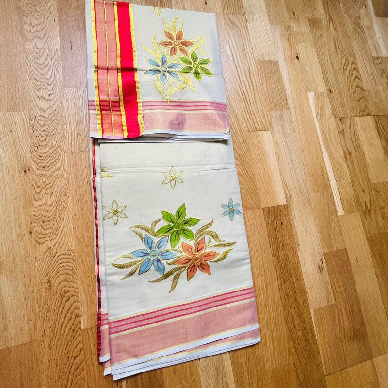 Kerala Set Saree with multicolour flower print with golden embroidery, Red and Gold Border.