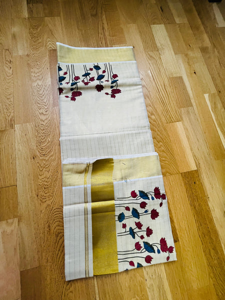 Kerala Set Saree With Golden Stripes, Lotus and flower print and Zari Golden Border.