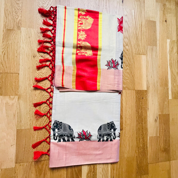 Kerala Set Saree with wide border, Elephant and Lotus print