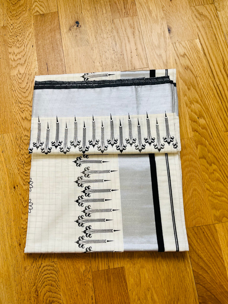 Kerala Set Saree with Silver lines and Silver Zari Border