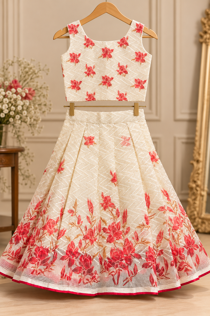 Ivory & Red Floral Long Skirt and Crop Top Set