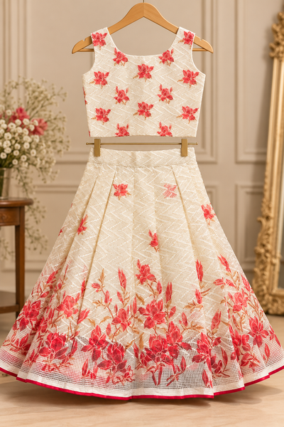 Ivory & Red Floral Long Skirt and Crop Top Set