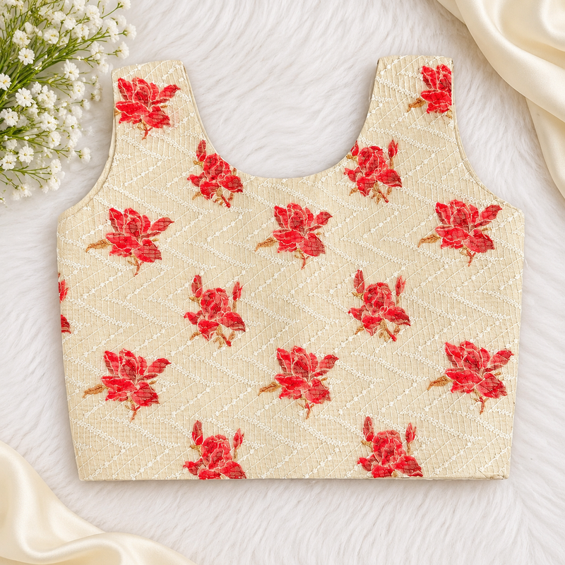 Ivory & Red Floral Long Skirt and Crop Top Set
