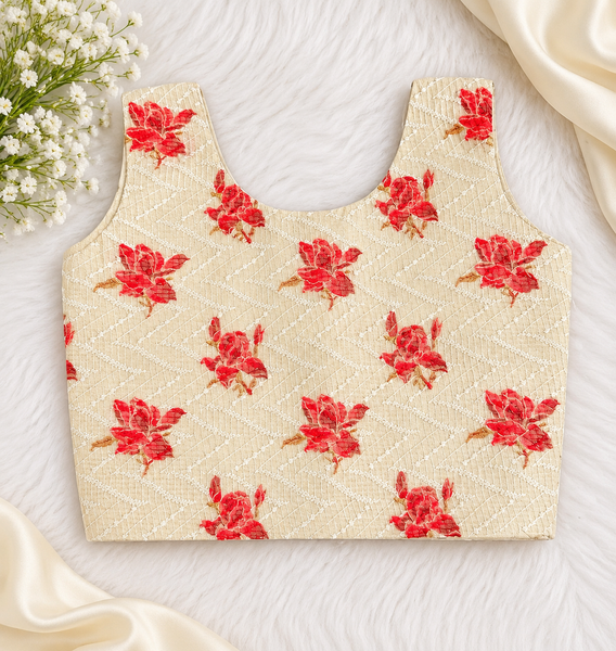 Ivory & Red Floral Long Skirt and Crop Top Set