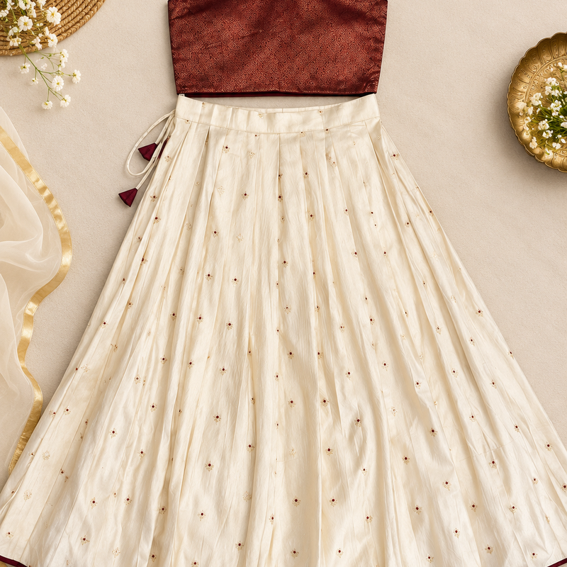 Girls’ Ivory Embroidered Long Skirt with Maroon Brocade Crop Top | 1–14 Years