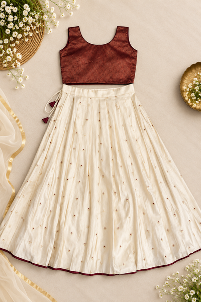 Girls’ Ivory Embroidered Long Skirt with Maroon Brocade Crop Top | 1–14 Years
