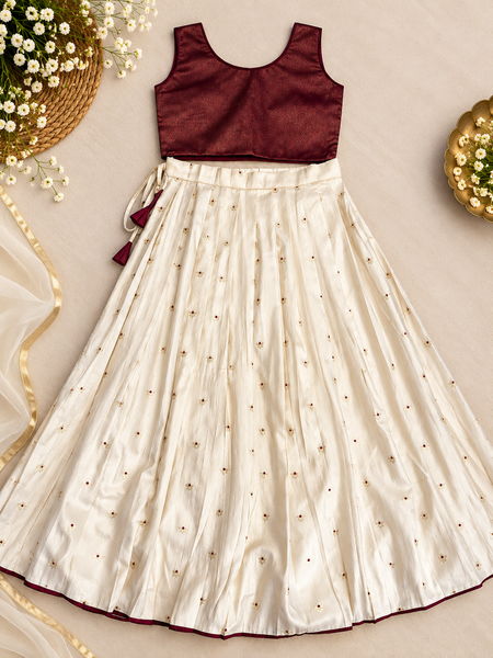 Girls’ Ivory Embroidered Long Skirt with Maroon Brocade Crop Top | 1–14 Years