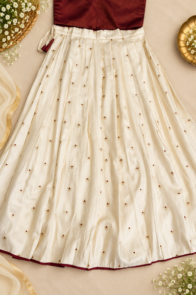 Girls’ Ivory Embroidered Long Skirt with Maroon Brocade Crop Top | 1–14 Years