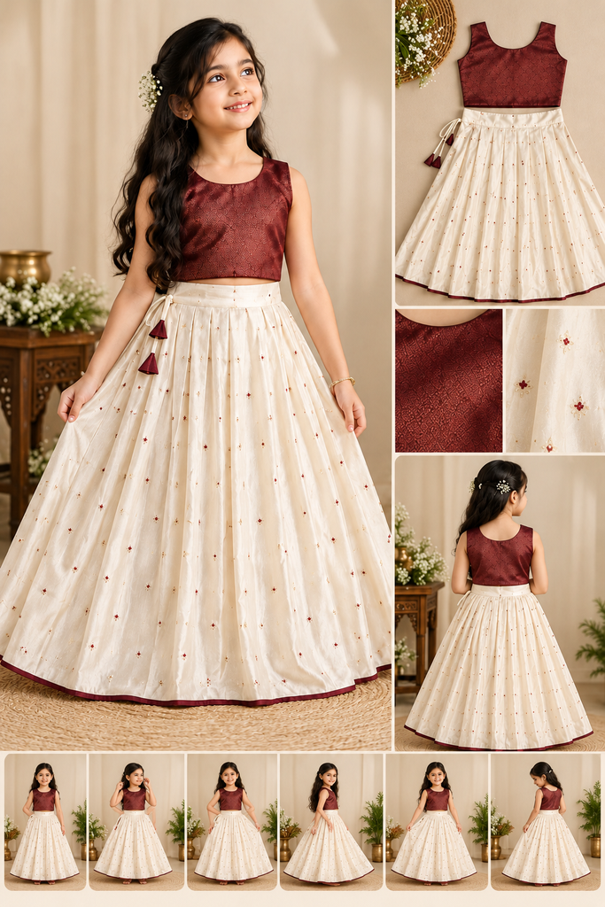 Girls’ Ivory Embroidered Long Skirt with Maroon Brocade Crop Top | 1–14 Years