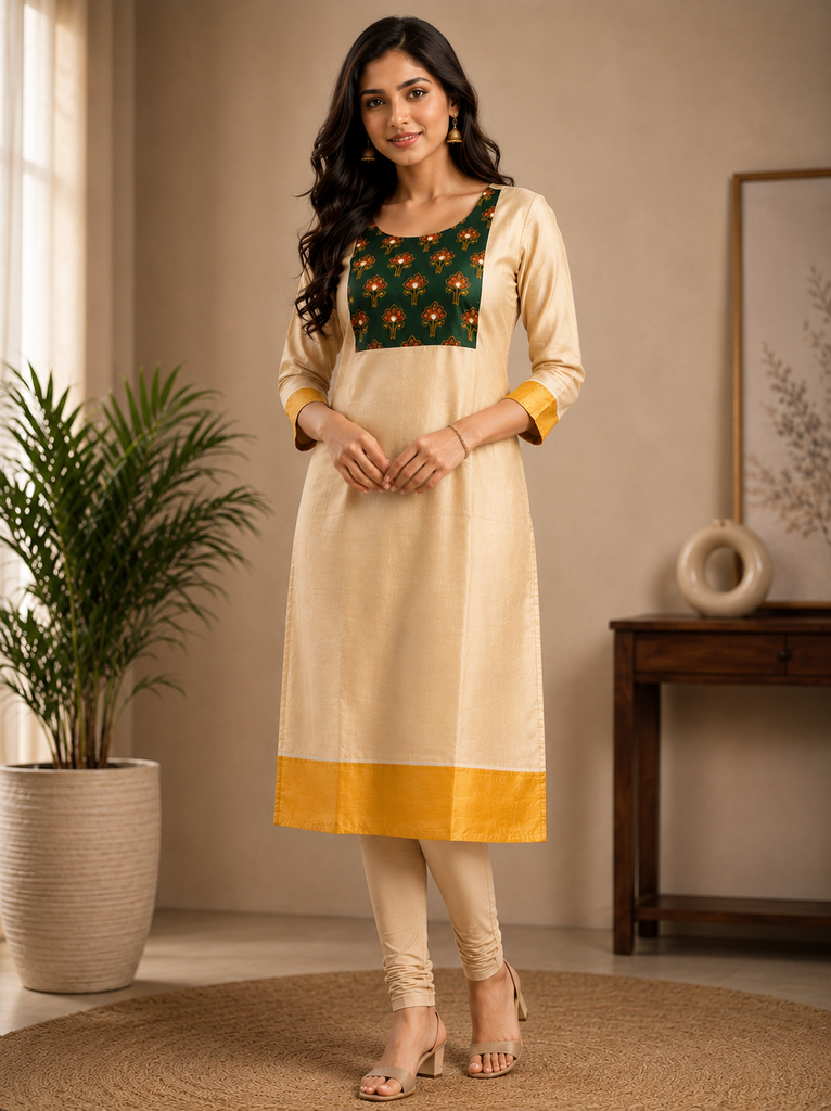 Onam Kurti Top- Dark Green Yoke