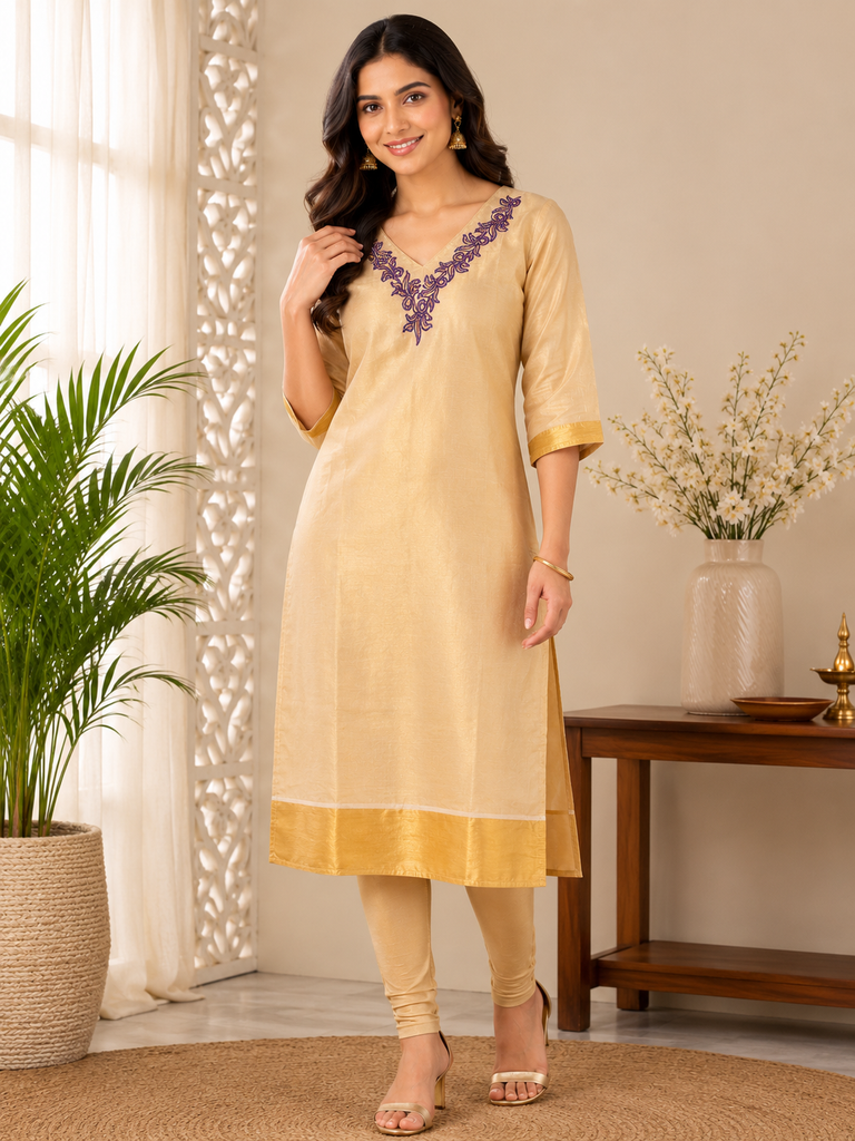 Onam Kurti Top- purple embroidered neck line