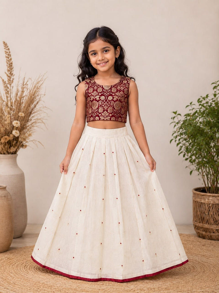 Maroon Brocade Crop Top &  Skirt Set